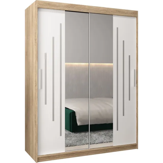 InspireME Kledingkast met 2 schuifdeuren, Modern-stijl, Een kledingkast met planken en een spiegel (BxHxD): 150x200x62 - MALTESE I 150 Sonoma Eik + Wit Mat
