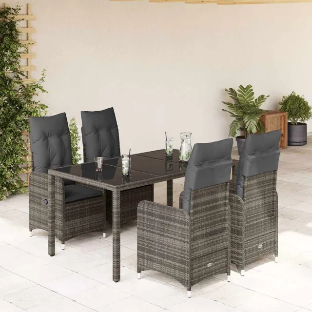 vidaXL 5-delige Bistroset met kussens poly rattan grijs, foto 2