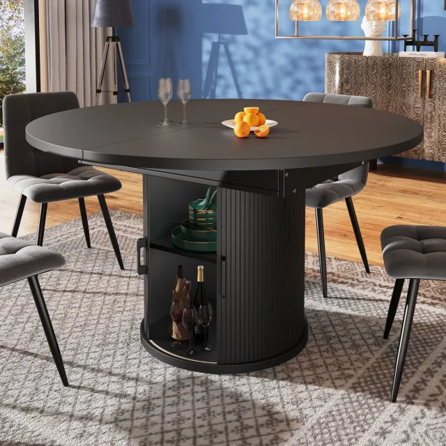 COVREO Uitschuifbare eettafel met opbergruimte – 118(158)x118x76,8 cm – Ronde eetkamertafel van MDF – keuken en balkon – Zwart