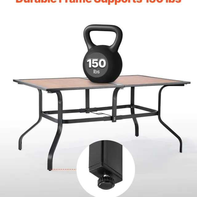 Vevor Patiotafel Tuintafel Balkontafel (1505 x 960 x 725 mm) Gemaakt van koolstofstaal + DPC-plaat, Eettafel voor tuin, patio, tuin, veranda, waterdicht, met 35 mm parasolgat, draagvermogen van 68,04 kg Bruine houtnerf + Zwart
