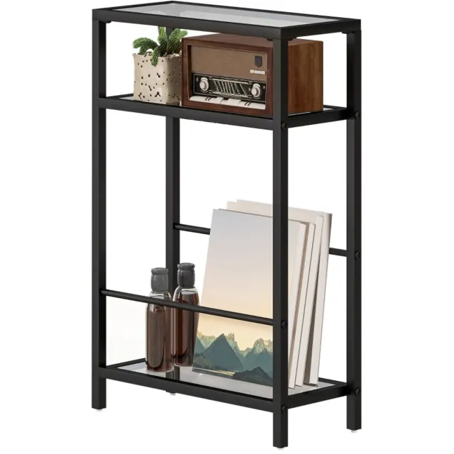 REDOM Drielaags Bijzettafeltje 40x18x62 cm – Smal Zwart Glazen Tafel met 3 Geharde Planken & Stalen Frame