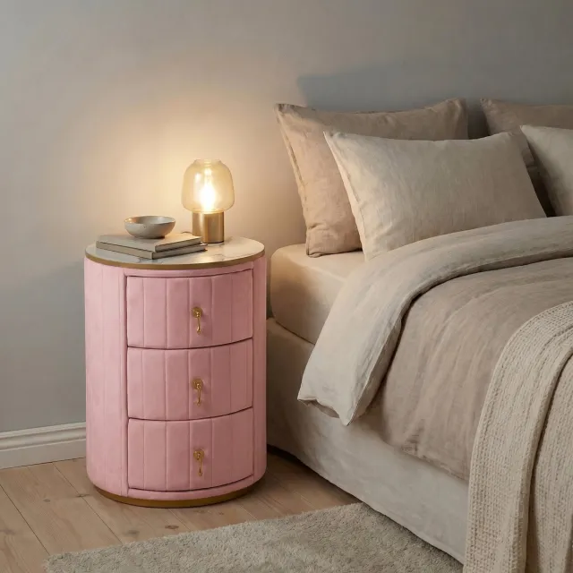 Wishdor Nachtkastje - Rond met 3 lades - Fluwelen bekleding en marmerlook blad - Frans vintage - Slaapkamer of woonkamer - Houtlook en metaal - Roze - 40 x 40 x 52,5 cm