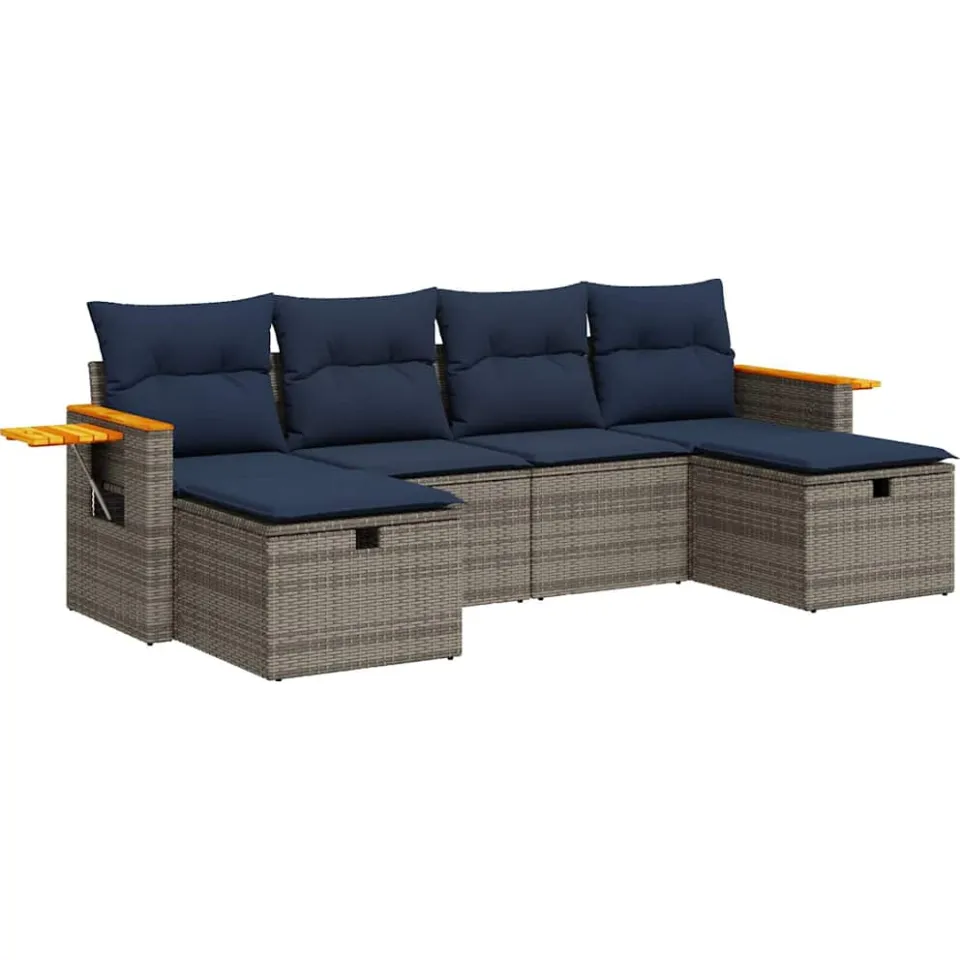 vidaXL 6-delige Loungeset met kussens poly rattan grijs, foto 3
