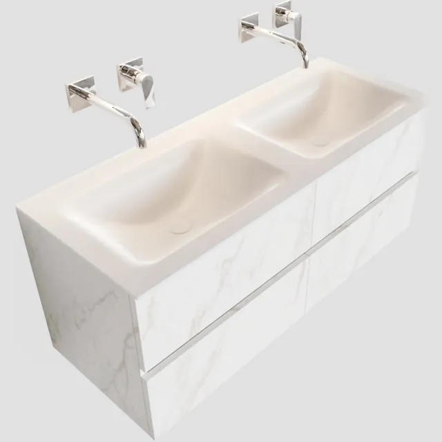Boss & Wessing Badkamermeubel BWS Valencia Carrara Mat 120 cm Solid Surface Wastafel Rechthoekige Wasbak Dubbel (0 kraangaten, 4 lades)