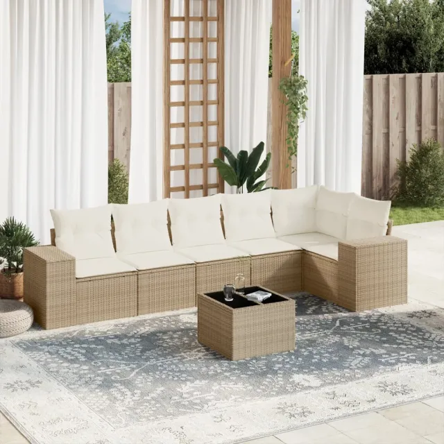 vidaXL 7-delige Loungeset met kussens poly rattan beige, foto 2