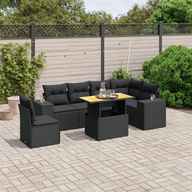 vidaXL 7-delige Loungeset met kussens poly rattan zwart, foto 2