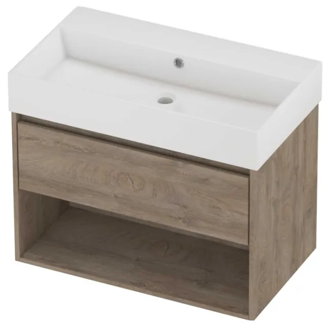 Proline Zara Badmeubelset Porselein Loft Zonder Kraangat Met Schap 80x46x65 cm Glans Wit Raw Oak Eiken