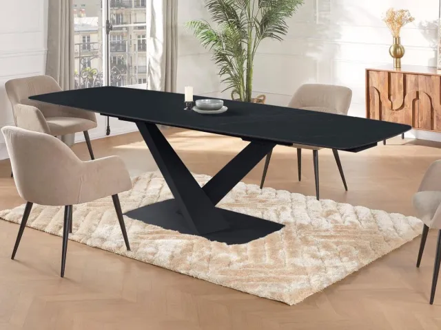 Vente-unique Verlengbare eettafel 6 tot 10 personen van gehard glas - Zwart marmereffect - MALATA