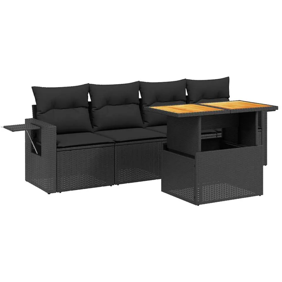 vidaXL 5-delige Loungeset met kussens poly rattan zwart, foto 3