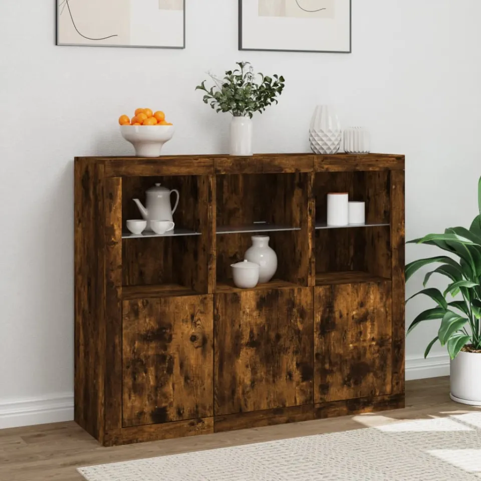 vidaXL Dressoirs met LED-verlichting 3 st bewerkt hout gerookt eiken, foto 4