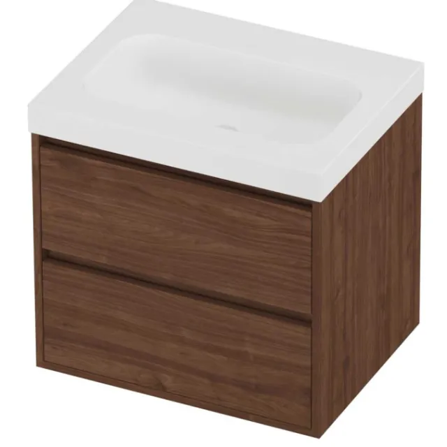 Proline Haga Badmeubelset Polystone Mezza 60x46x58 cm Mat White Indian Walnut Houtlook