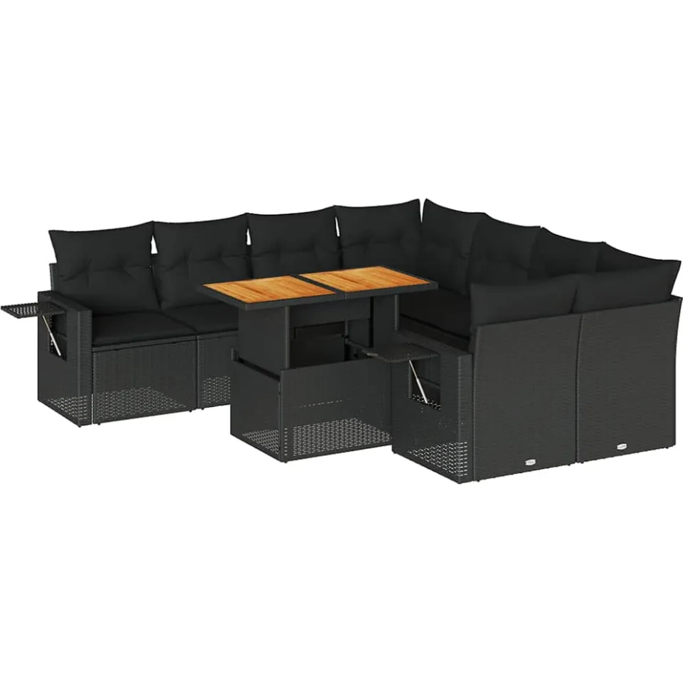 vidaXL 9-delige Loungeset met kussens poly rattan zwart, foto 3