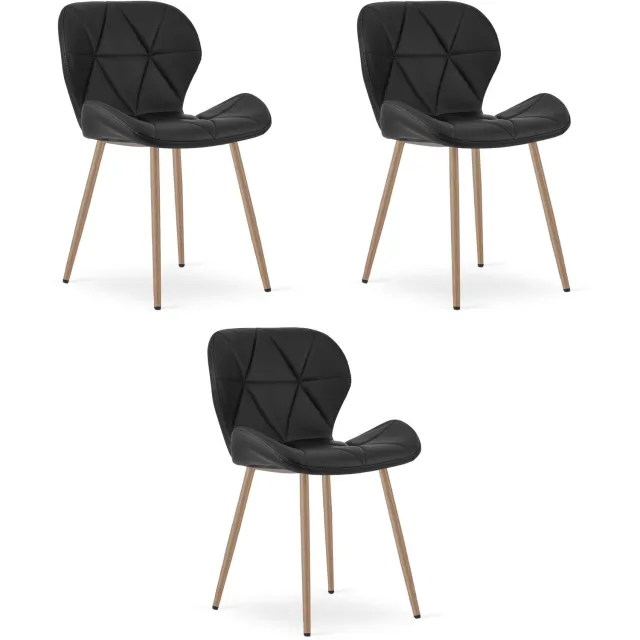 Oskar MANGO Eetkamerstoelen – Set van 3 – Zwart Kunstleer – Metalen Poten in Eikenlook – Comfortabele Gestoffeerde Zitting – Modern Design – Voor Woonkamer, Keuken en Eetkamer – Max. 110 kg per Stoel