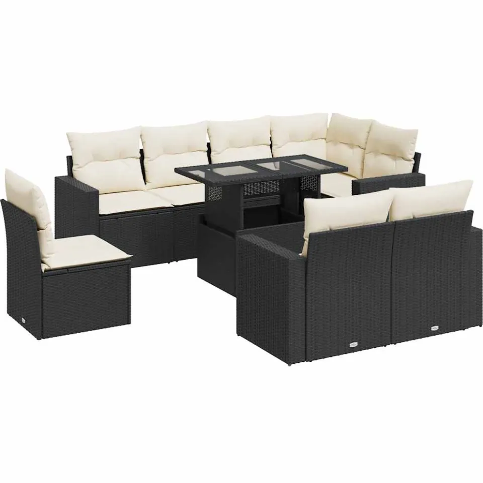 vidaXL 9-delige Loungeset met kussens poly rattan zwart, foto 3