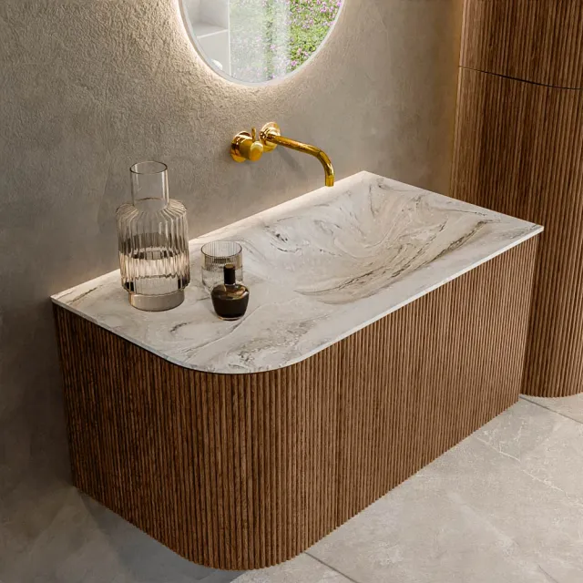 Mondiaz KURVE-DLUX 85 cm Onderkast Greeploos 1 Lade Met Deuren Walnut, Wastafel Solid Surface Rechts Glace 0 Kraangaten Zonder Spiegel (KRVCLO85L1L1D0KR-Wal/Gla)