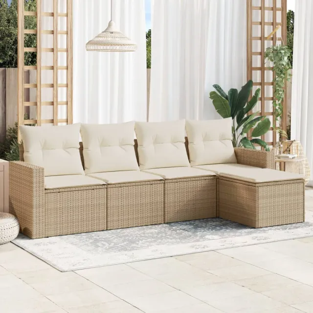 vidaXL 5-delige Loungeset met kussens poly rattan beige, foto 2