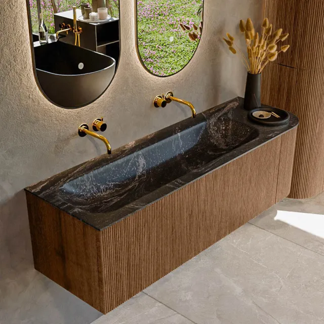 Mondiaz KURVE-DLUX 145 cm Onderkast Greeploos 1 Lade Met Deuren Walnut, Wastafel Solid Surface Links Lava 0 Kraangaten Zonder Spiegel (KRVBGL145R1L1D0KL-Wal/Lav)