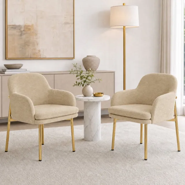 Maisentiel Set van 2 gestoffeerde eetkamerstoelen met armleuningen – bruin en goudkleurig Beige