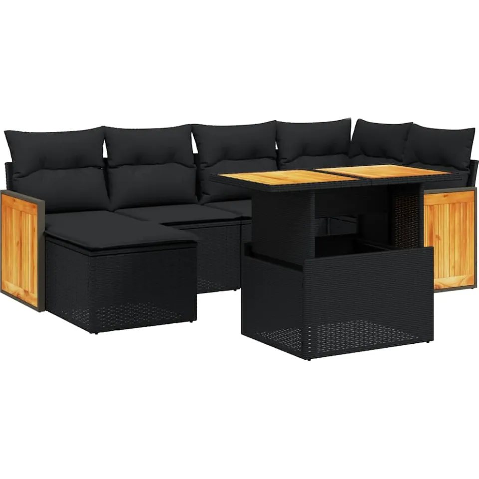 vidaXL 7-delige Loungeset met kussens poly rattan zwart