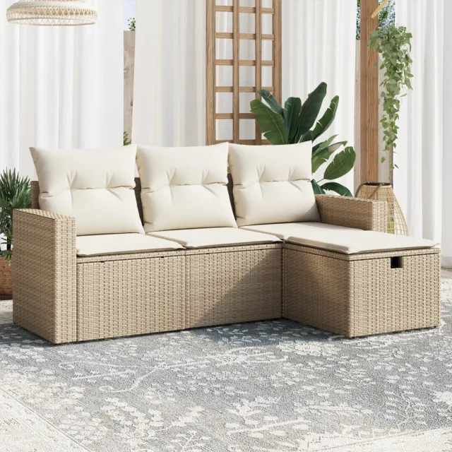 vidaXL 4-delige Loungeset met kussens poly rattan beige, foto 2
