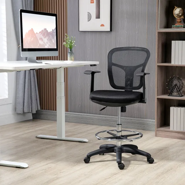 OKWISH Bureaustoel 59 X 59 X 95 115 Cm - Ergonomisch Met Lendensteun, Verstelbare Voetsteun En Opklapbare Armleuningen - Polyester - Zwart
