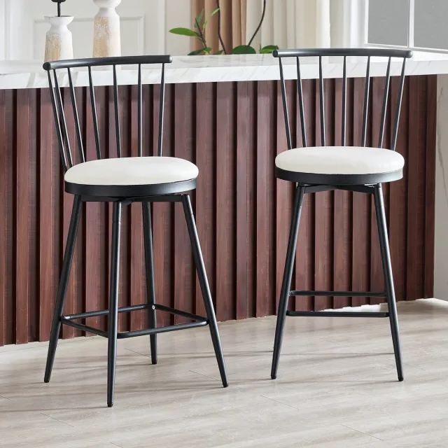 STILVORA Barkruk 39 x 39 x 96 cm - Set Van 2 Met Windsor Rugleuning En Gewatteerde Zitting - Voor Keukeneiland En Bar - Wit White