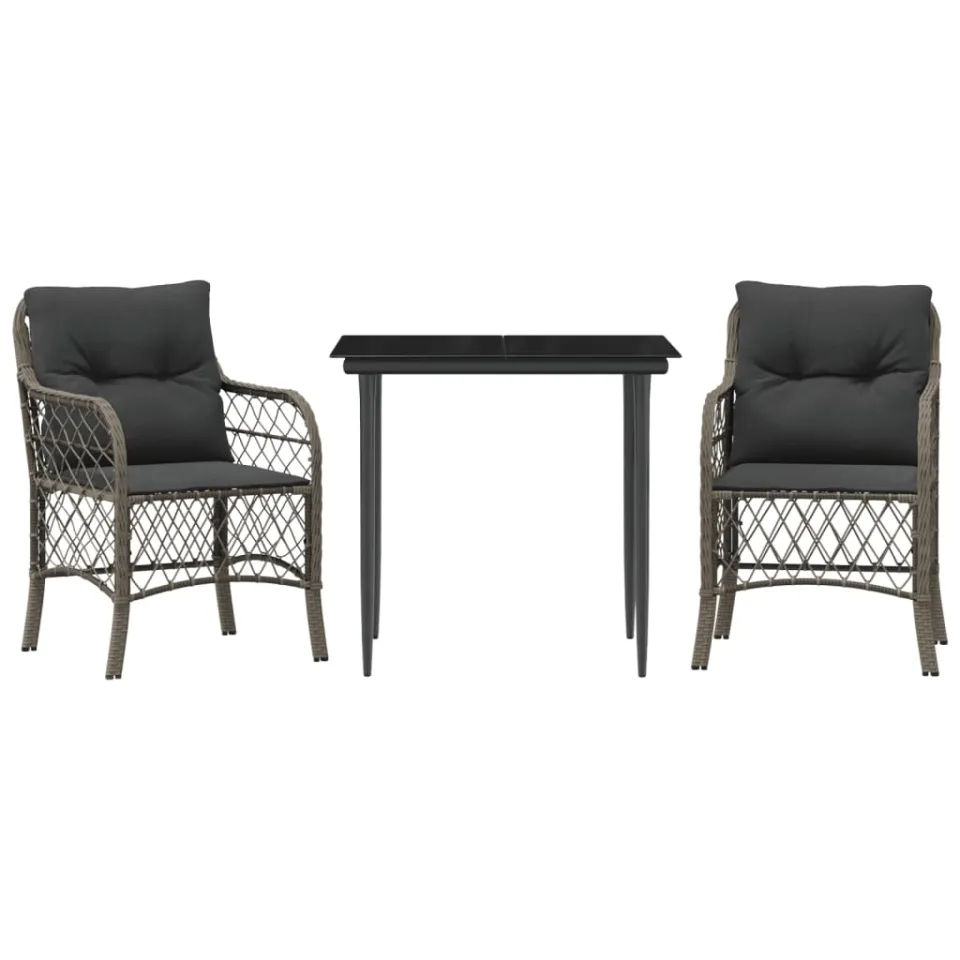 vidaXL 3-delige Bistroset met kussens poly rattan grijs, foto 3