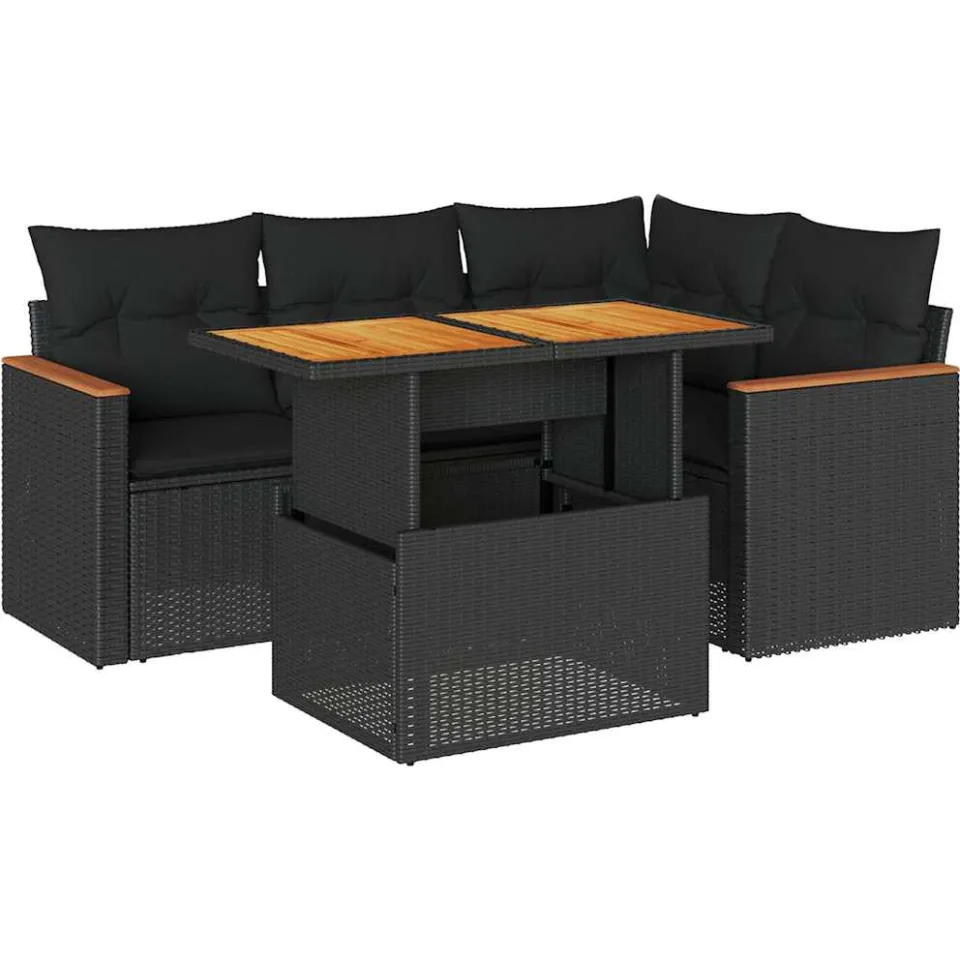 vidaXL 5-delige Loungeset met kussens poly rattan acacia zwart, foto 3