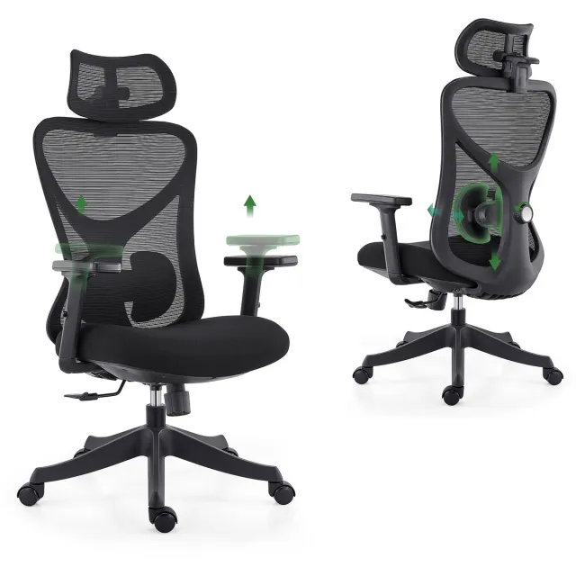 Caliyo Ergonomische Bureaustoel - Bureaustoelen voor Volwassenen -bureaustoelen voor volwassenen-Opklapbare armleuningen-Lendensteun-Verdikt en verbreed zitkussen - Zwart – Zwart