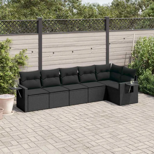 vidaXL 6-delige Loungeset met kussens poly rattan zwart, foto 2