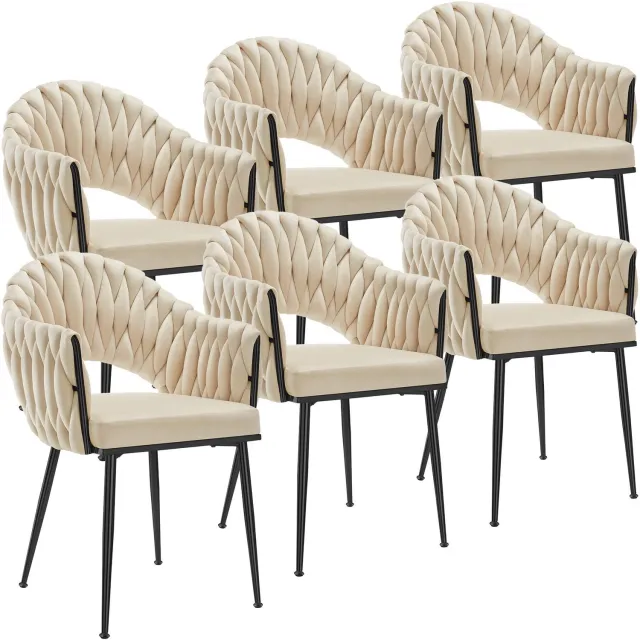 Tectake Eetkamerstoel Caslano - Set van 6 - Eetkamerstoelen met Fluwelen Bekleding - Doorlopende Rugleuning en Armleuning met Vlechtwerk - Slanke Stalen Poten - Draagkracht 150 kg per Stoel - Zandkleur/Zwart