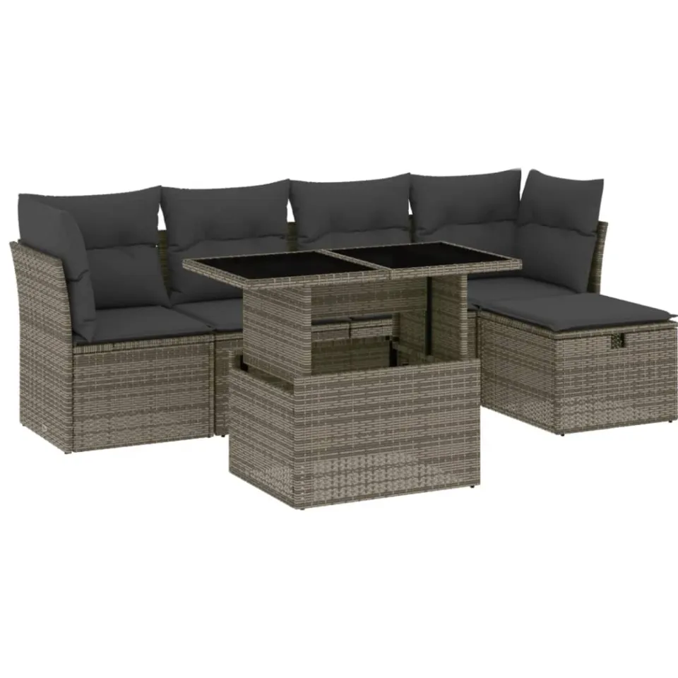 vidaXL 6-delige Loungeset met kussens poly rattan grijs, foto 3