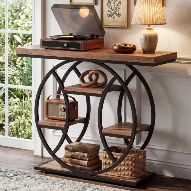 Little Trees LITTLE TREE - Console Tafel 4-Laags - 105 X 35 X 85 Cm - Rond Metalen Frame - Smalle Houten Gangtafel - Bruin