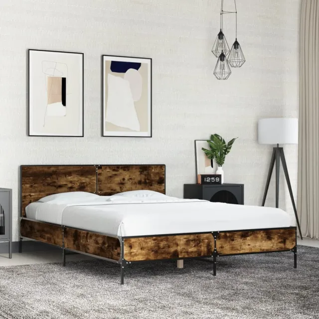 vidaXL Bedframe bewerkt hout metaal gerookt eikenkleurig 135x190 cm Bruin
