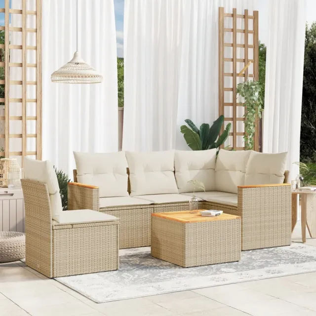 vidaXL 6-delige Loungeset met kussens poly rattan beige, foto 2