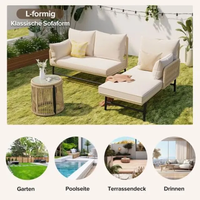 Laura Rotan Loungeset 6-delig 187x124x78 cm Beige – Modulaire Tuinset met 2 Tweezitsbanken, 2 Fauteuils & 2 Glazen Tafels, 8 cm Dikke Kussens, Handgeweven, Weerbestendig & Comfortabel – Laura
