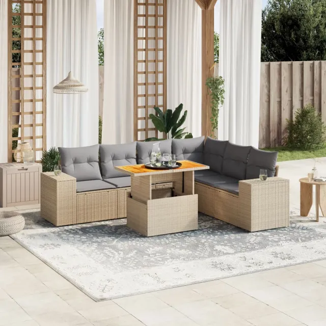 vidaXL 7-delige Loungeset met kussens poly rattan beige, foto 2