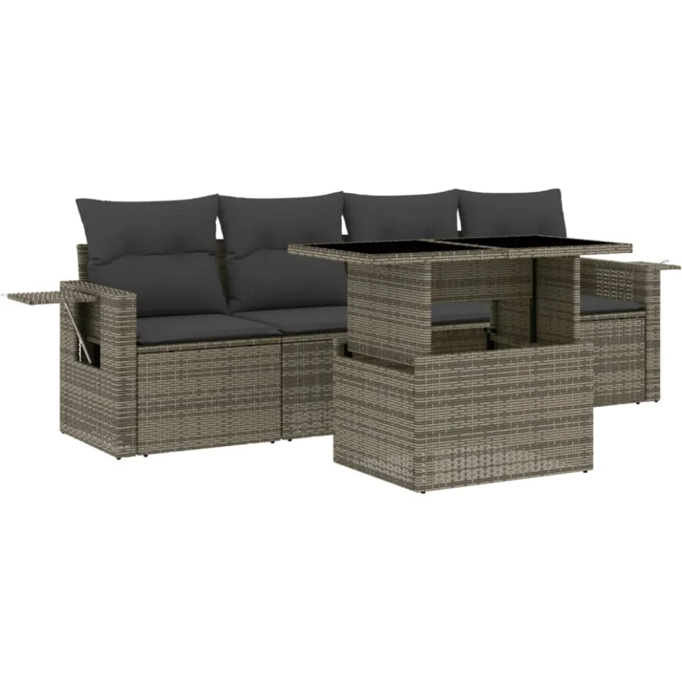 vidaXL 5-delige Loungeset met kussens poly rattan grijs, foto 3