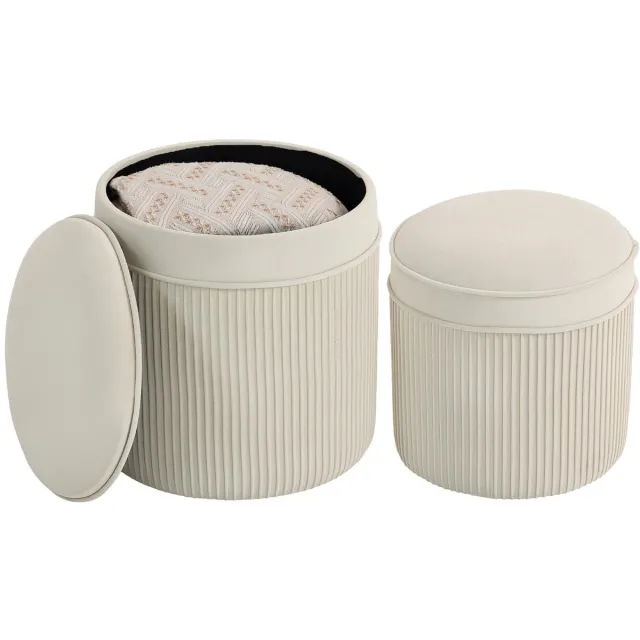 Stervia Opbergpoef Set van 2 - Poef - Opbergruimte - Fluweel - Rond - Crème - 36 x 36 x 41,5 cm & 32 x 32 x 33,5 cm Creme
