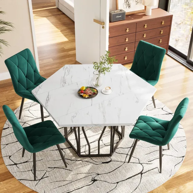 REDOM Eettafel 115,5 x 100 cm van MDF en staal, zeshoekig design met marmerpatroon en zwart stalen frame Wit+Zwart