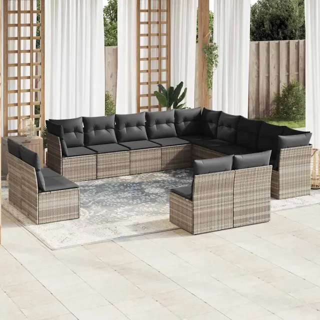 vidaXL 13-delige Loungeset met kussens poly rattan lichtgrijs grijs, foto 2