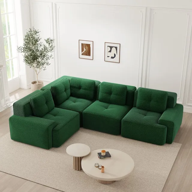 MIVRAY Hoekbank Modulair - Diepe Zitbank Zonder Montage Met Antislip Voeten - Voor Woonkamer En Kantoor - Cord Groen