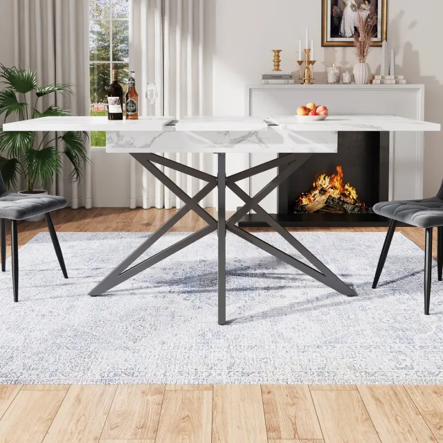 DESMIU Uitschuifbare Eettafel - Marmerlook Bovenblad En Stervormige Poten - Voor Eetkamer, Woonkamer En Kantoor - MDF En Metaal - Wit - 120x80x76 Cm