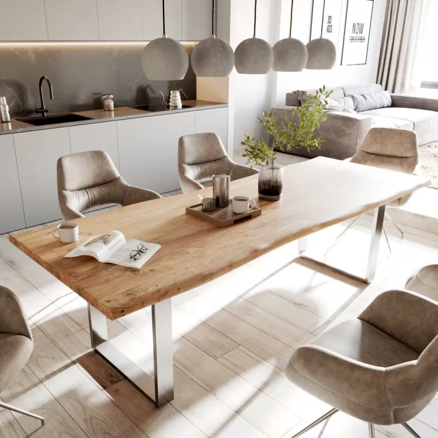 DELIFE Eettafel Edge acacia natuur 260x100 edelstaal smal Live-Edge Bruin