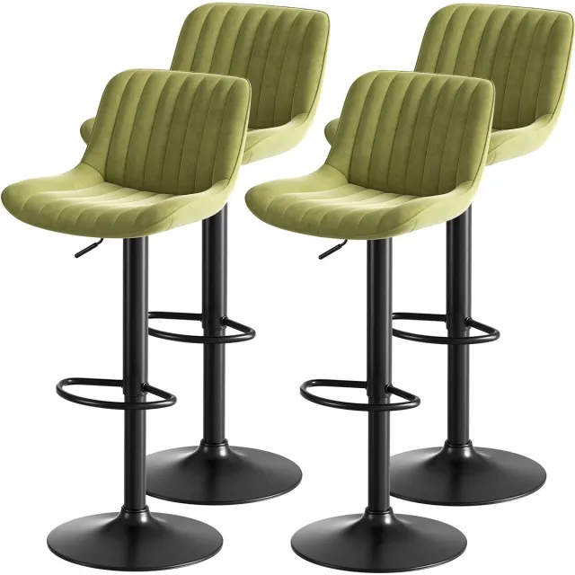 Wishdor Barkruk - Draaibaar In Hoogte Verstelbaar En Met Ergonomische Rugleuning - Modern Ontwerp Voor Keuken Of Bar - Fluwelen Bekleding Met Metalen En Houten Elementen - Groen - 87 Tot 109 Cm