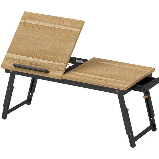TEKROA Verstelbare Laptoptafel voor op Bed en Bank - Bedtafel -Opvouwbaar Schootbureau met Kantelbaar Blad & Lade - 83x33 cm - Eiken
