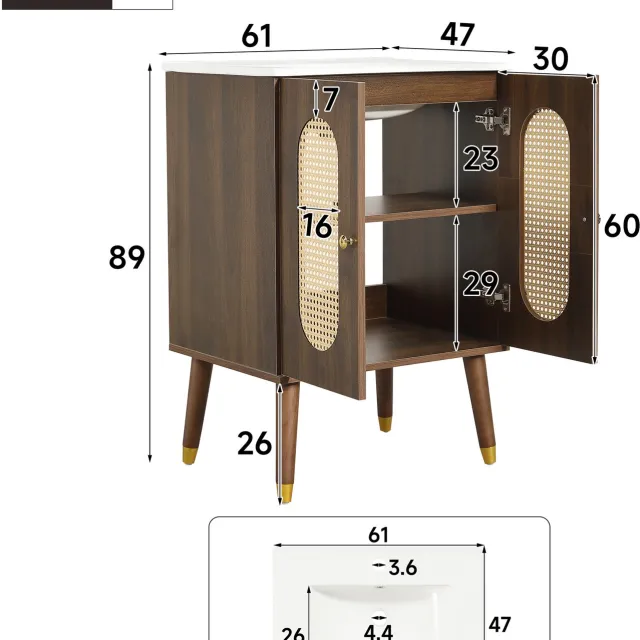 HAUSS SPOLE Badkameronderkast Met Keramische Wastafel - Rotan Dubbele Deuren En Vaste Planken - Vrijstaand - MDF - 61x47x89 Cm - Walnootkleur Walnut