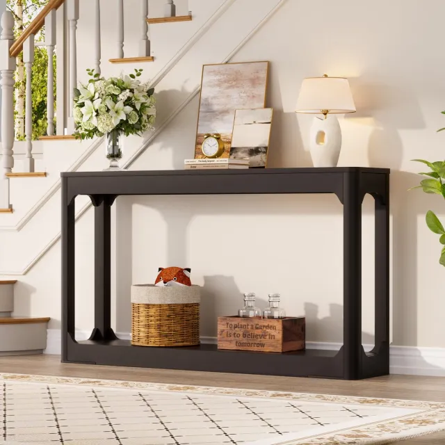 FloraGrace Sidetable - Smalle Consoletafel Met 2 Open Planken En Opbergruimte - Voor Hal, Gang En Achter De Bank - MDF - 140x30x79 Cm - Zwart
