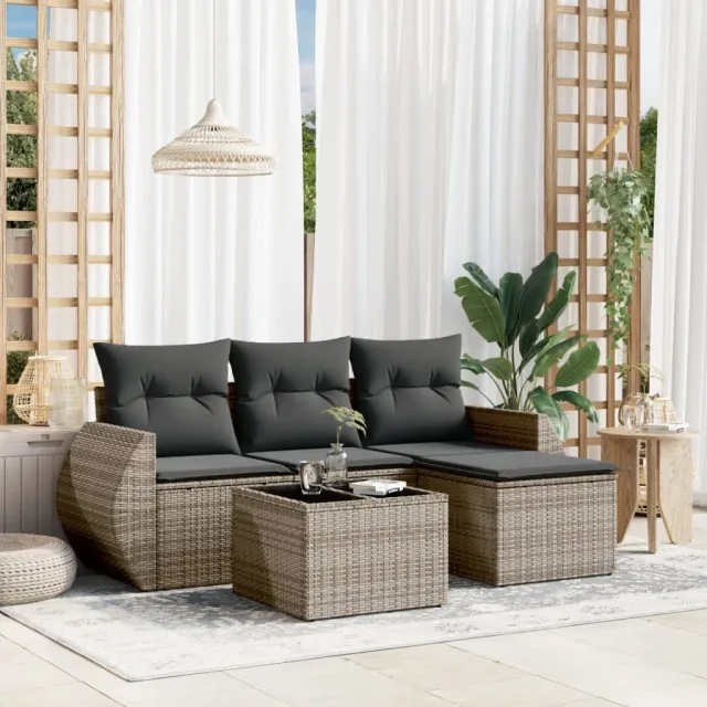 vidaXL 5-delige Loungeset met kussens poly rattan grijs, foto 2