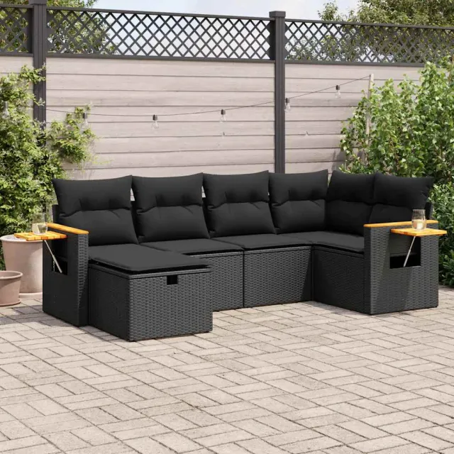 vidaXL 6-delige Loungeset met kussens poly rattan zwart, foto 2